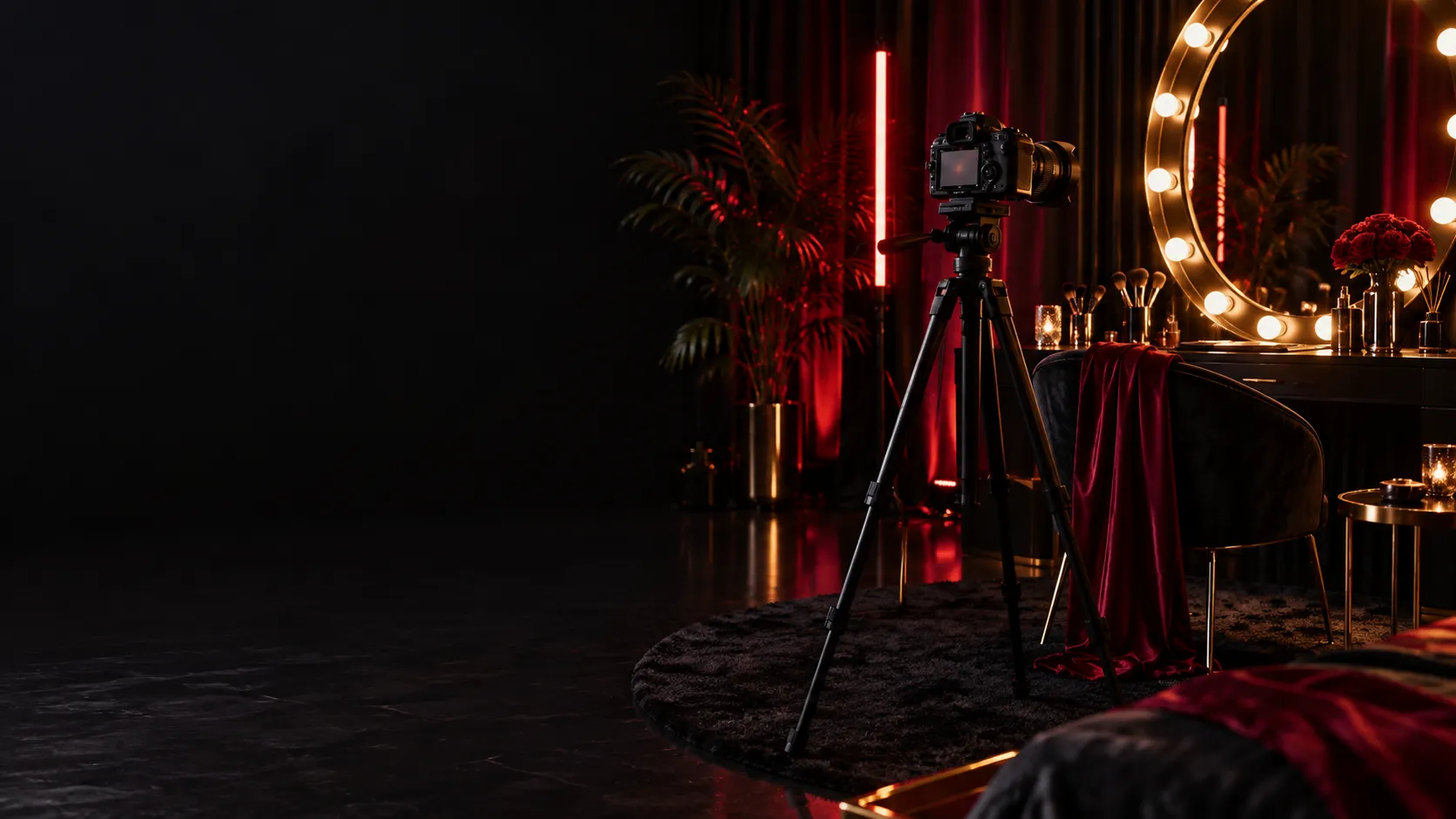 A creator studio with a camera and illuminated vanity
